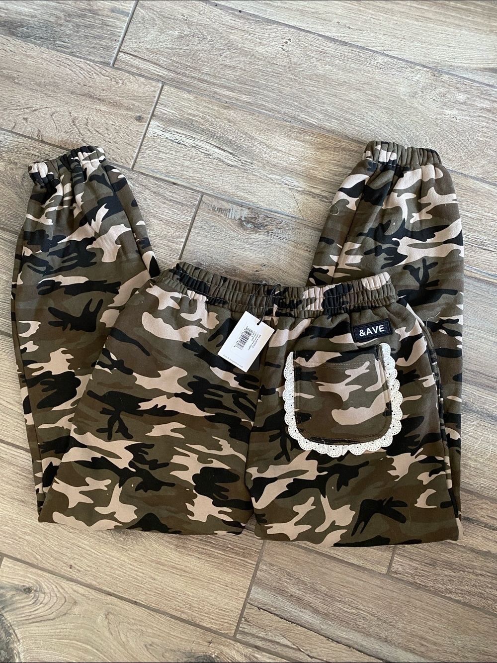 AMPERSAND AVE Women's Camo Track Pants with Lace-Trim Pocket - Olive, Black, Tan